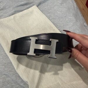 Hermes Black Belt with Silver H Buckle